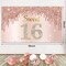 Rose Gold Sweet 16th Birthday Banner Backdrop with Confetti Balloon Garland Arch, Happy 16 Birthday Banner Balloon Set for Girls, Pink Sixteen Bday Poster Photo Booth Decor